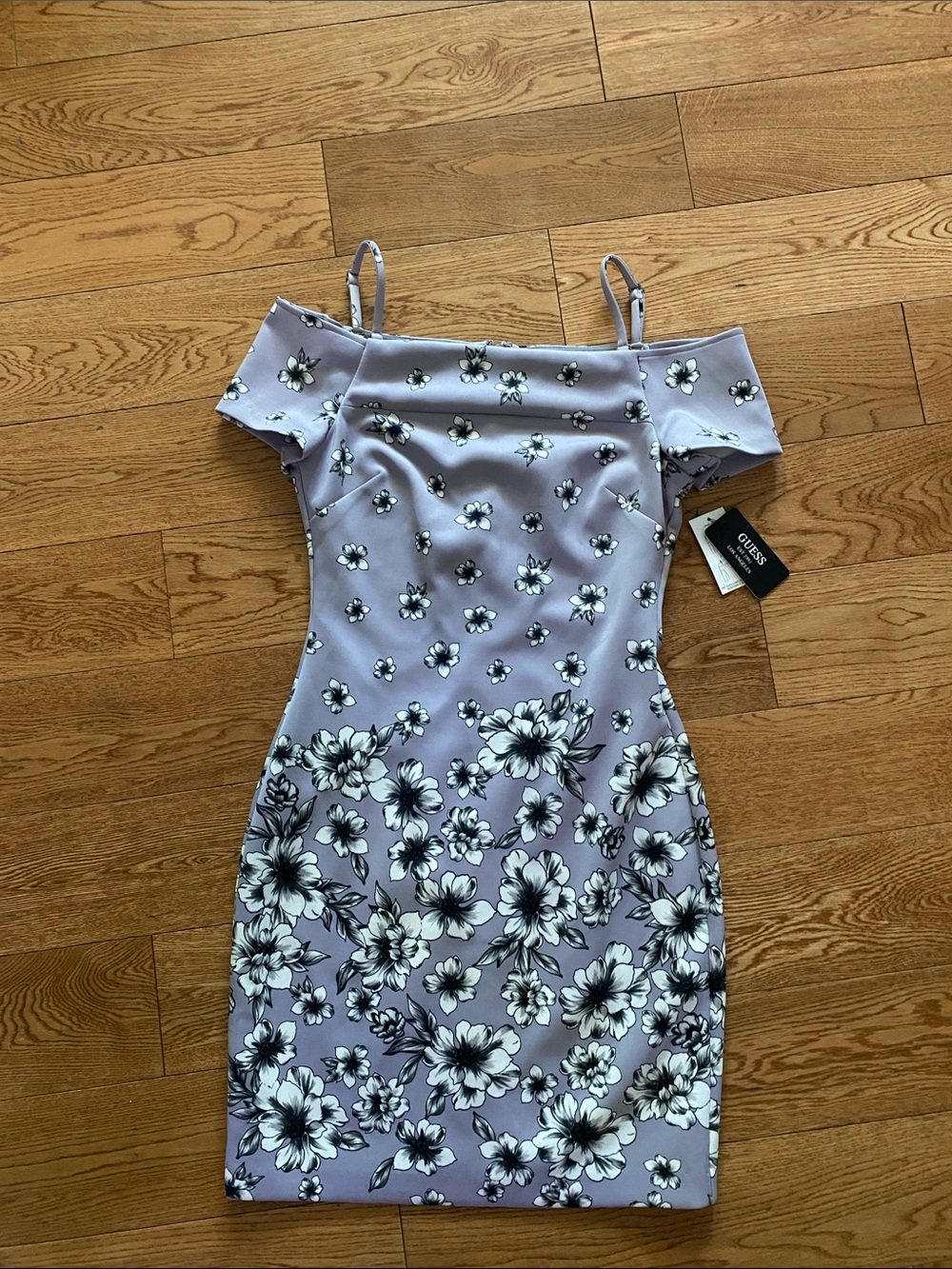 Guess Lavender Floral Off-Shoulder Bodycon Mini Dress NWT